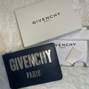 100% Authentic Givenchy Iconic print top zip pouch night blue leather clutch